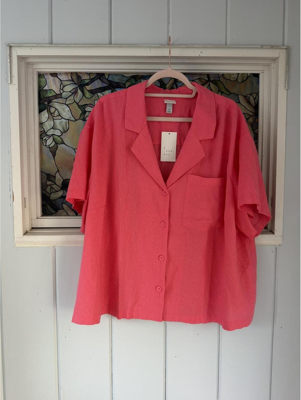 a new day Coral linen blend Button-Up Shirt 2X